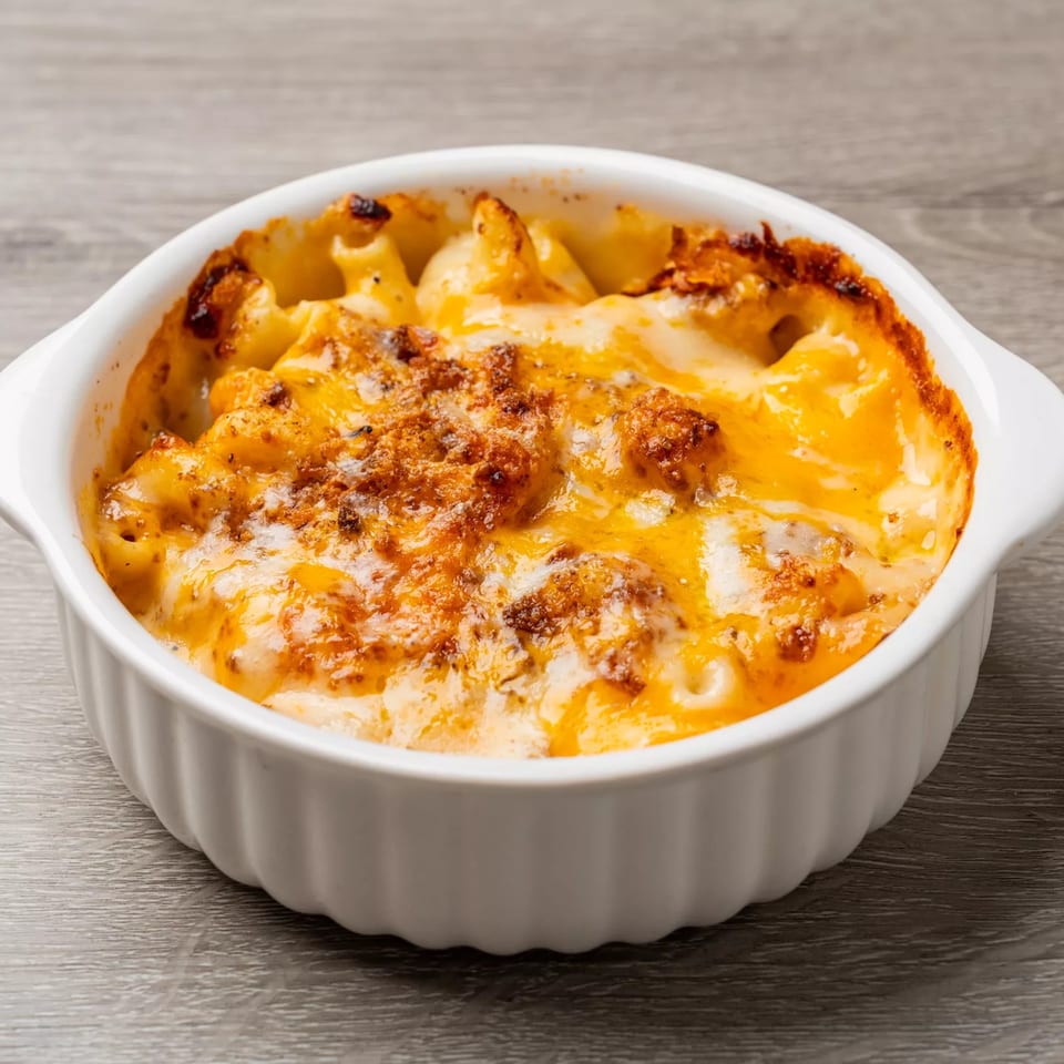 Baked mac and cheese in a white oval dish, with golden-brown crust on top.