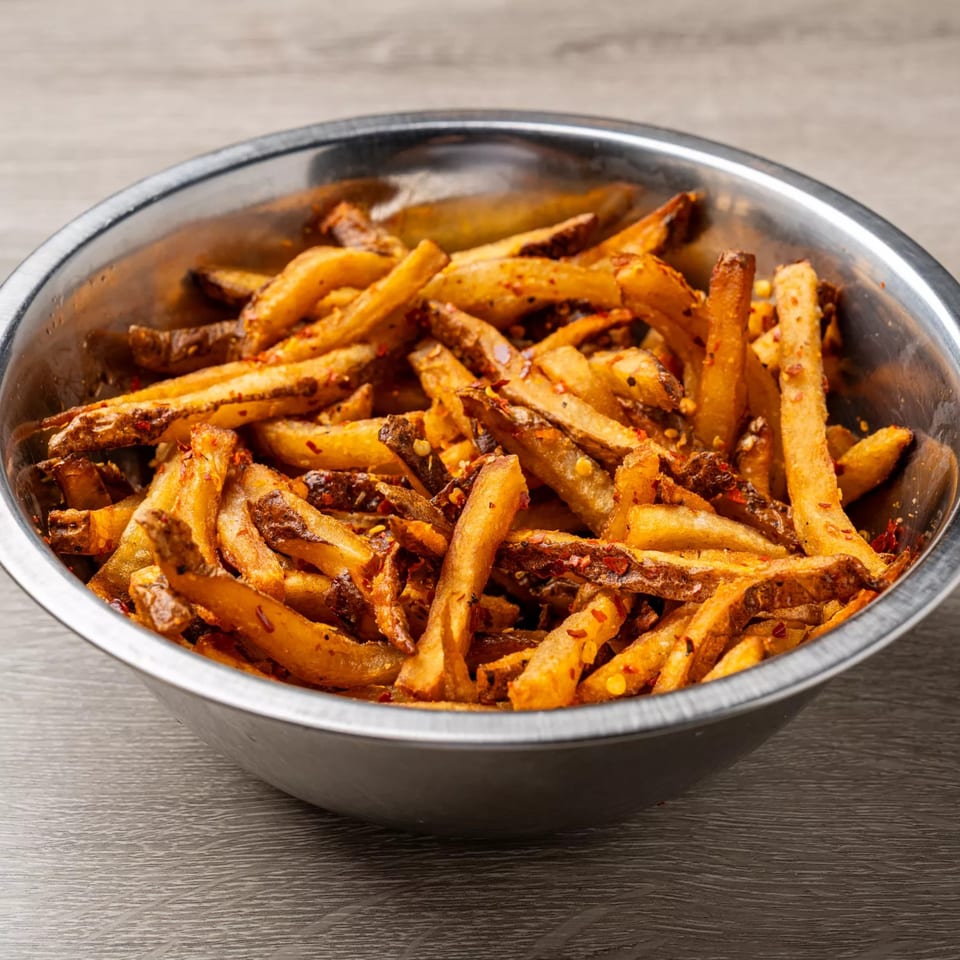 A metal bowl filled with golden-brown, seasoned French fries, sprinkled with red chili flakes.
