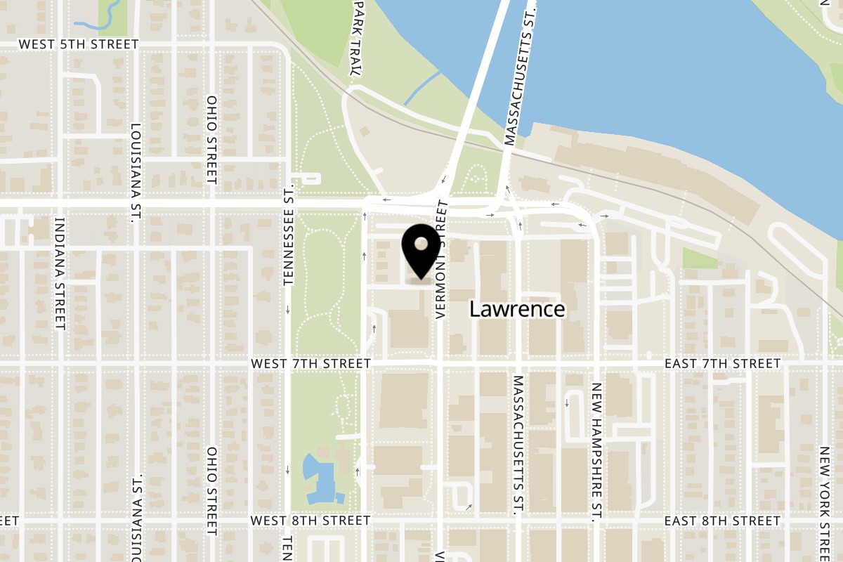 Map showing the location of DEMPSEY BURGER BAR on 623 Vermont St in Lawrence